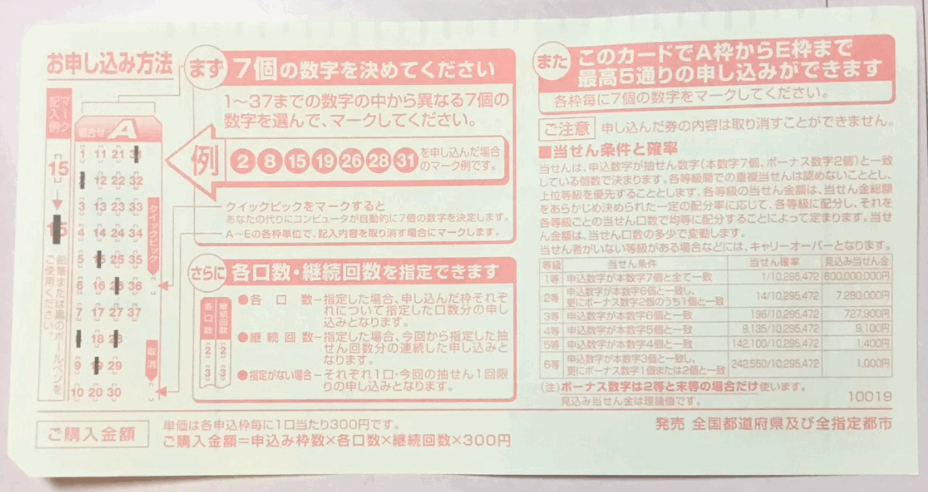 ロト7のマークシートの裏面です。