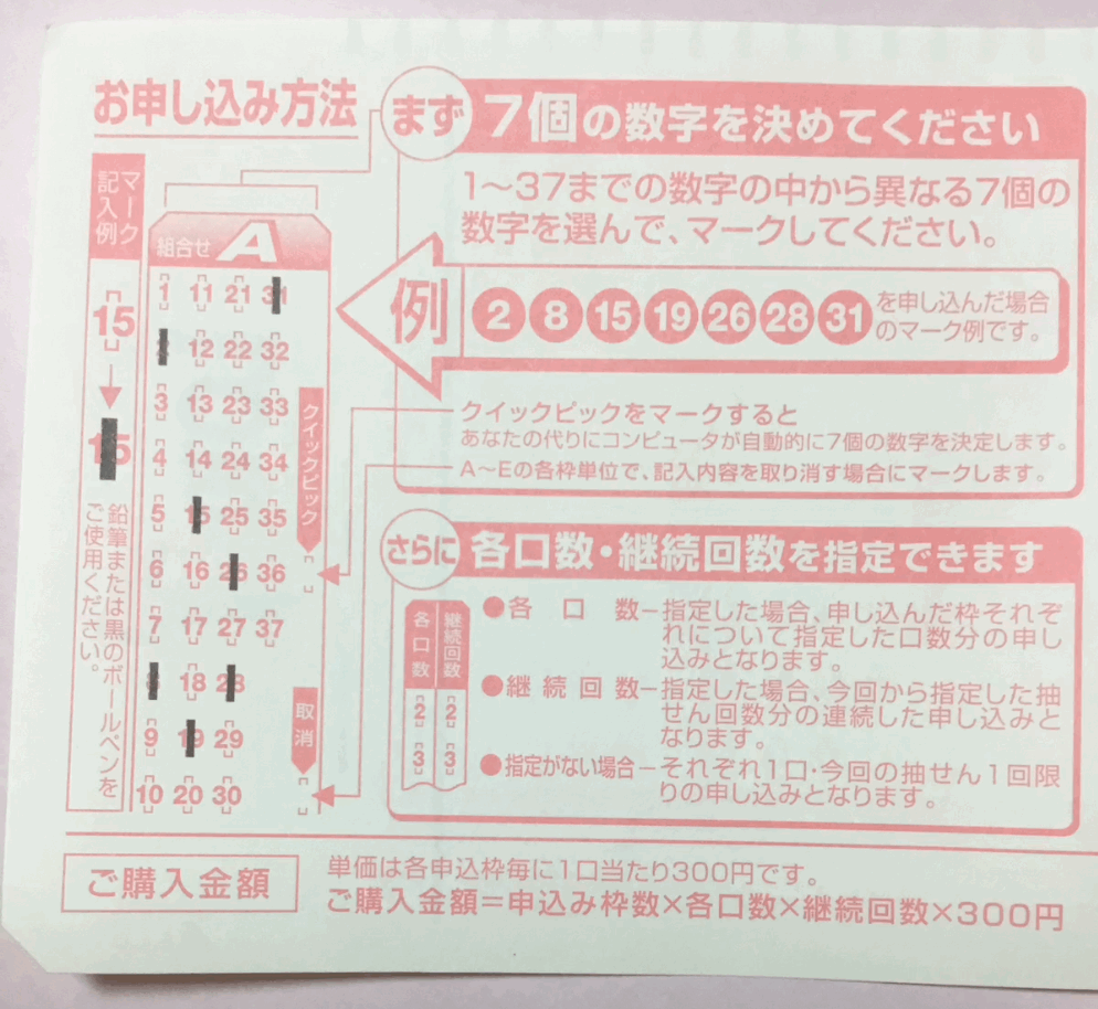 ロト7のマークシートの裏面を拡大しました。